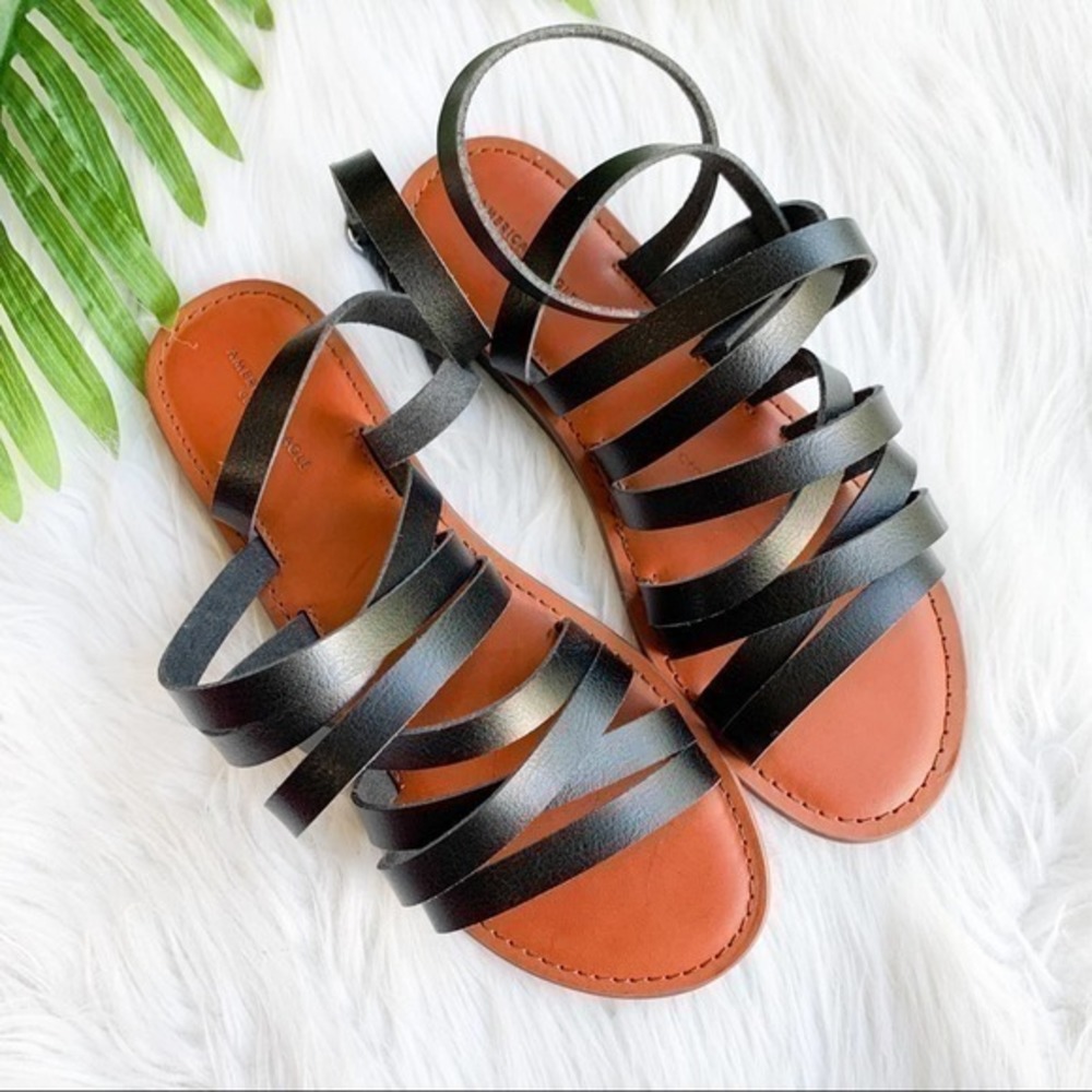 NWOT AEO Black Leather Wrap Sandals Size 8 Women’s